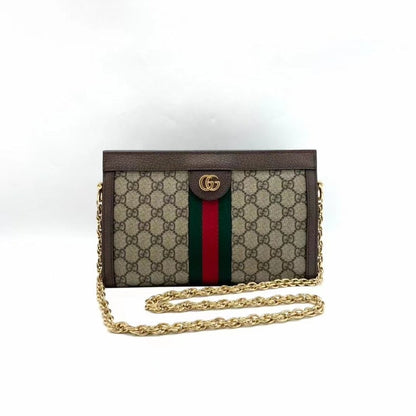 Gucci GG Supreme Beige Chain Bag with Red and Green Stripe, Medium Size, Brown Leather Trim