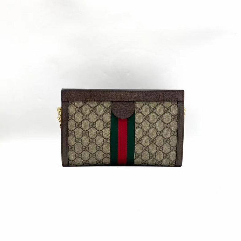 Gucci GG Supreme Beige Chain Bag with Red and Green Stripe, Medium Size, Brown Leather Trim