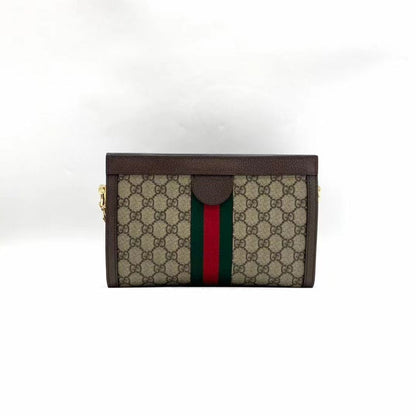 Gucci GG Supreme Beige Chain Bag with Red and Green Stripe, Medium Size, Brown Leather Trim