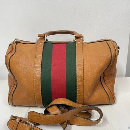 Gucci Boston Bag Camel Brown with Green and Red Stripe, Medium Size