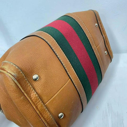 Gucci Boston Bag Camel Brown with Green and Red Stripe, Medium Size