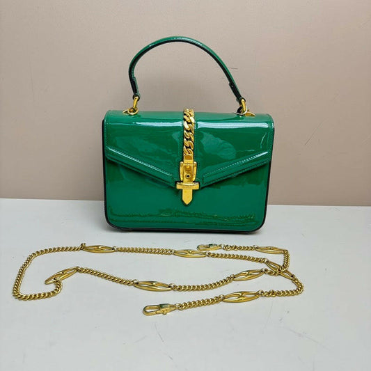 Gucci Patent Leather Chain Bag in Green - Versatile 2-Way Medium Handbag with Gold Hardware.