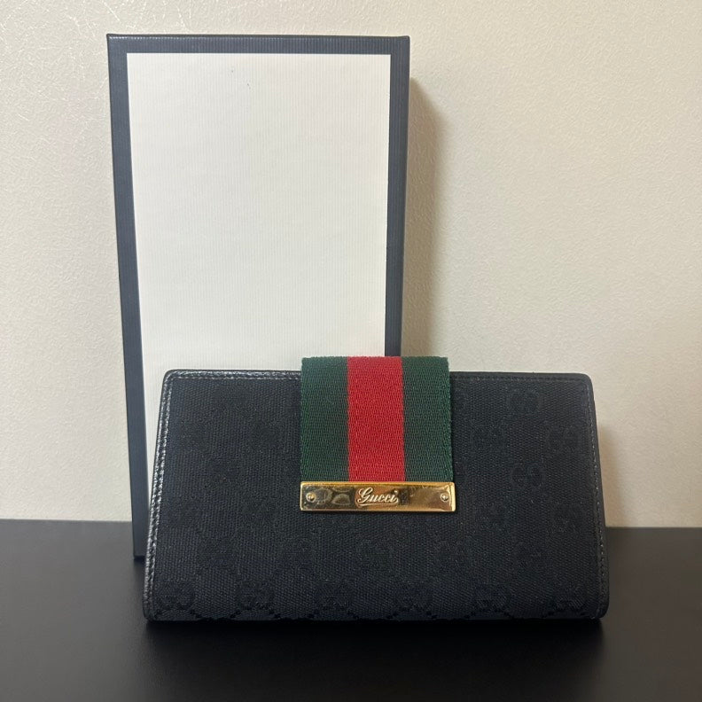 Gucci GG Canvas Long Wallet Black With Red Green Stripe