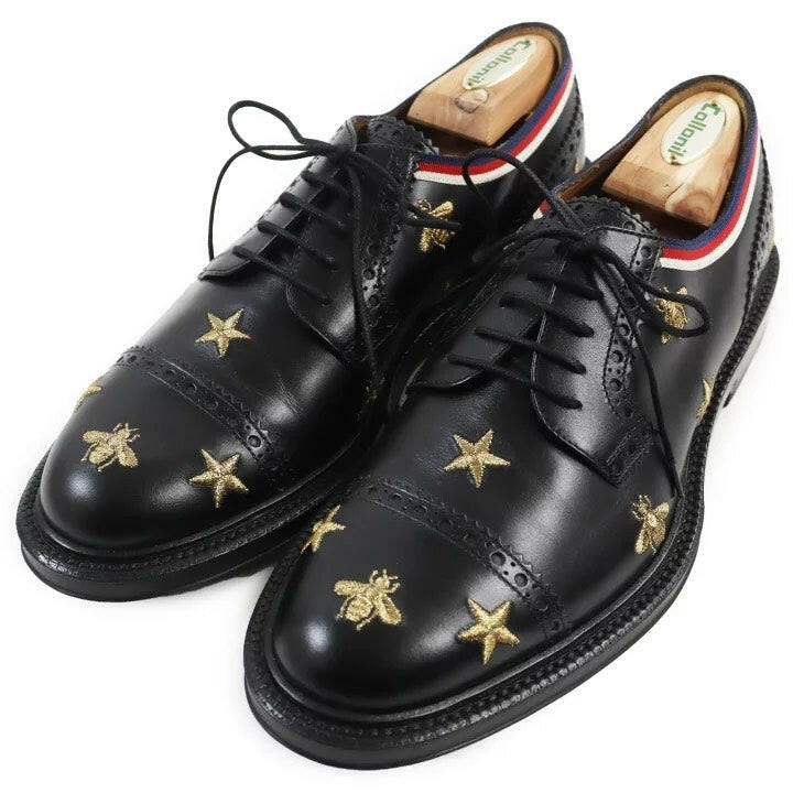 Gucci Black Leather Star and Bee Embroidered Oxford Shoes Size 6.5 F