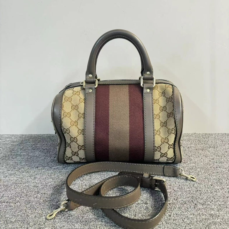 Gucci Boston Beige And Burgundy Canvas Leather Trim Two-Way Bag Medium