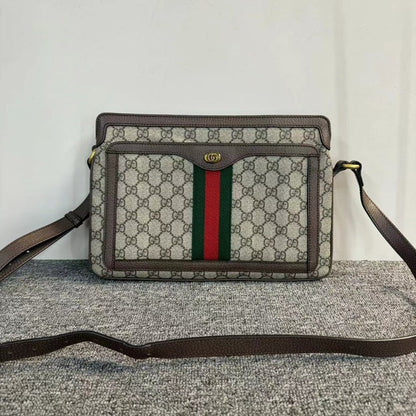 Gucci GG Supreme Beige Coated Canvas Brown Leather Crossbody Bag Medium