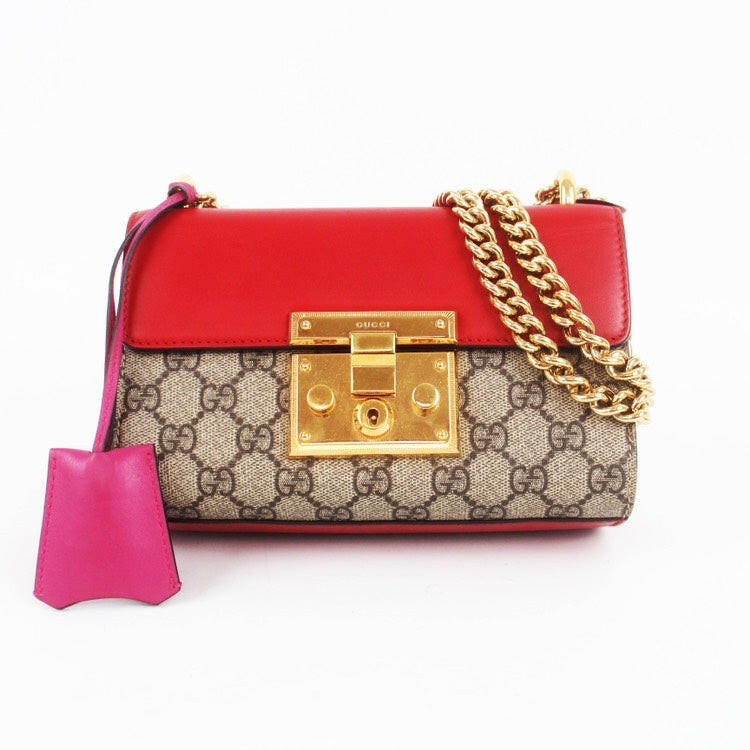 Gucci Padlock Small Bag Red and Beige GG Supreme Canvas with Gold Chain Strap.