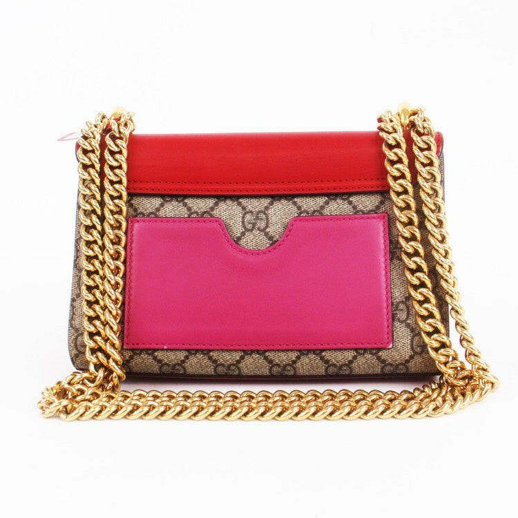 Gucci Padlock Small Bag Red and Beige GG Supreme Canvas with Gold Chain Strap