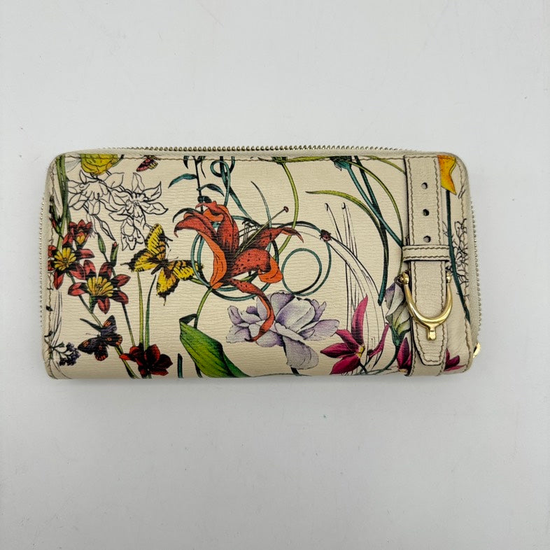 Gucci Floral Print Leather Zip Around Clutch Wallet Medium White Multicolor