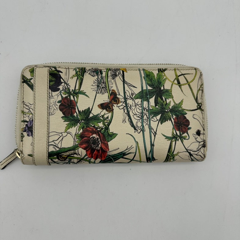 Gucci Floral Print Leather Zip Around Clutch Wallet Medium White Multicolor