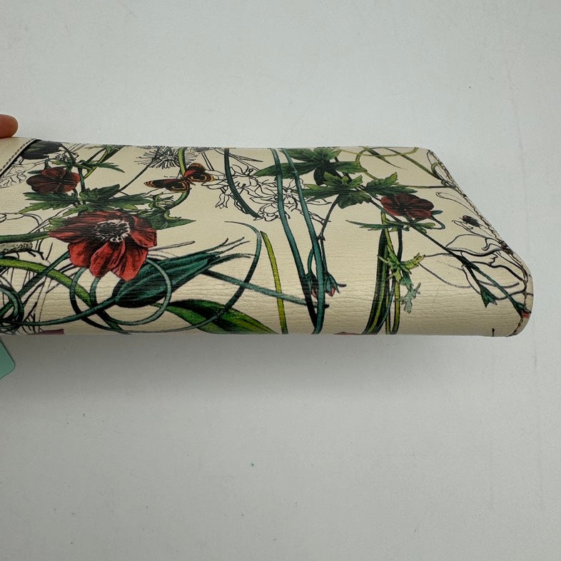 Gucci Floral Print Leather Zip Around Clutch Wallet Medium White Multicolor