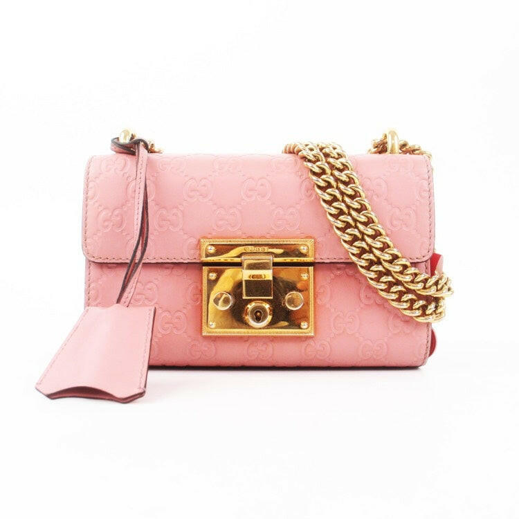 Gucci Padlock Small Pink Leather Bag with Gold Chain.