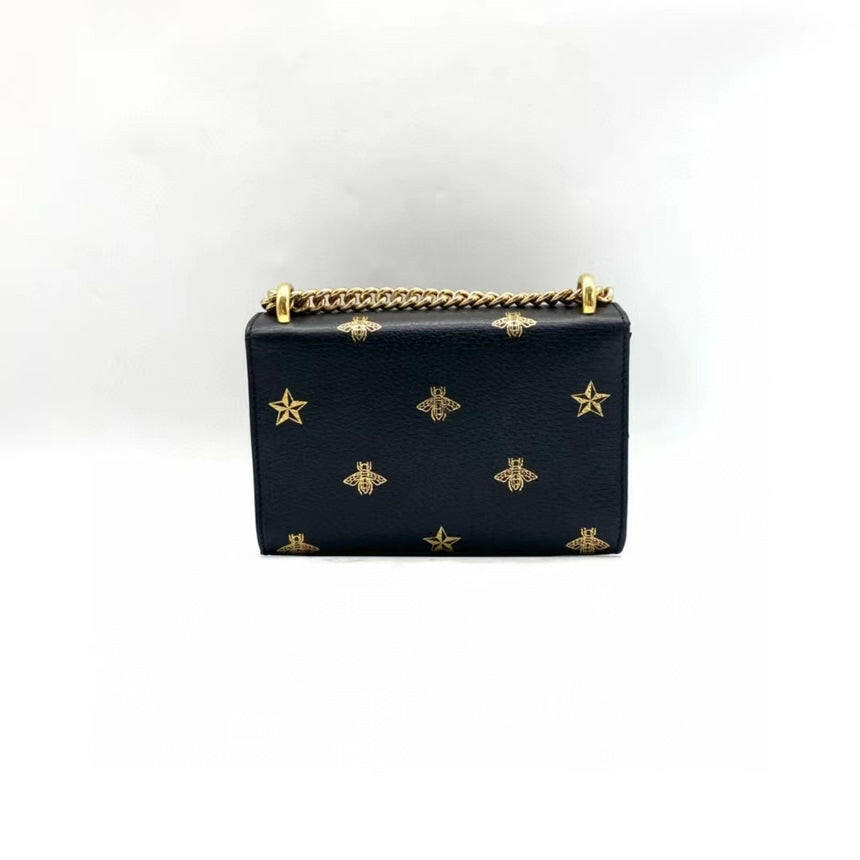 Gucci Padlock Black Leather Mini Shoulder Bag with Gold Chain Strap and Bee Star Embellishments