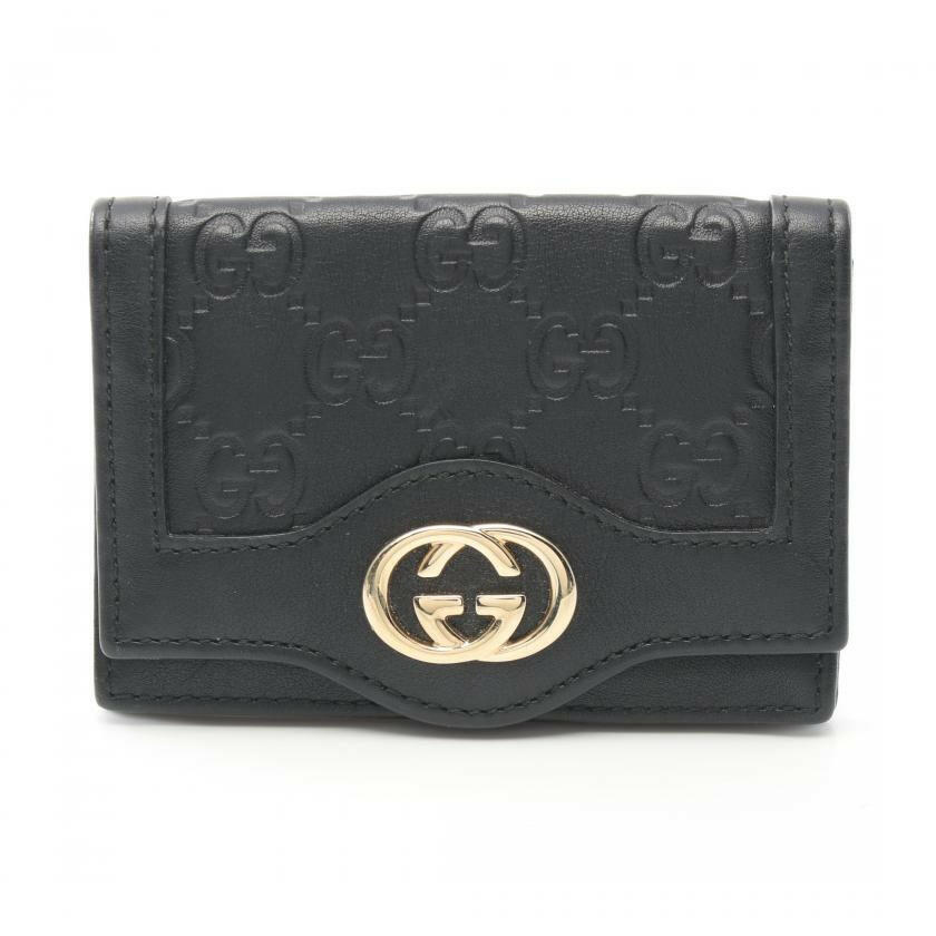 Gucci Black Leather Sima Name Card Holder Wallet.