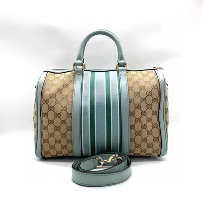 Gucci Boston Beige Blue Monogram Canvas Leather Stripe Shoulder Bag Large