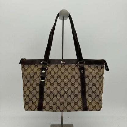 Gucci Canvas Leather Monogram Shoulder Bag Brown Medium Size