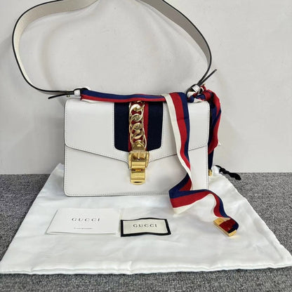 Gucci Sylvie White Leather Shoulder Bag with Dustbag