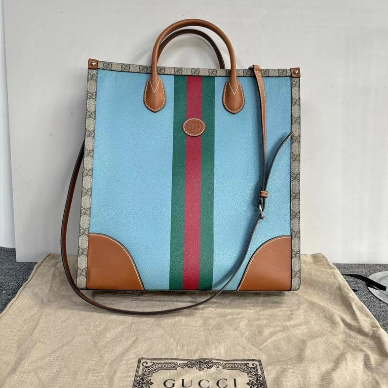 Gucci Blue Beige Brown Two-Way Tote Bag with Dustbag