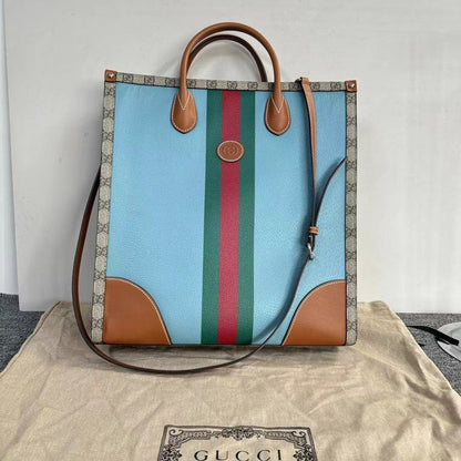 Gucci Blue Beige Brown Two-Way Tote Bag with Dustbag