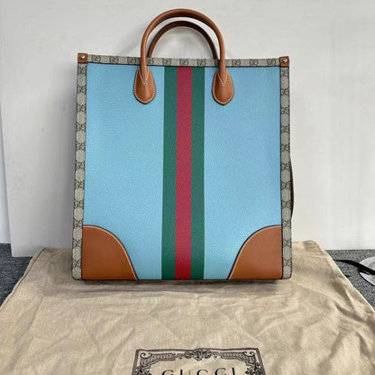 Gucci Blue Beige Brown Two-Way Tote Bag with Dustbag