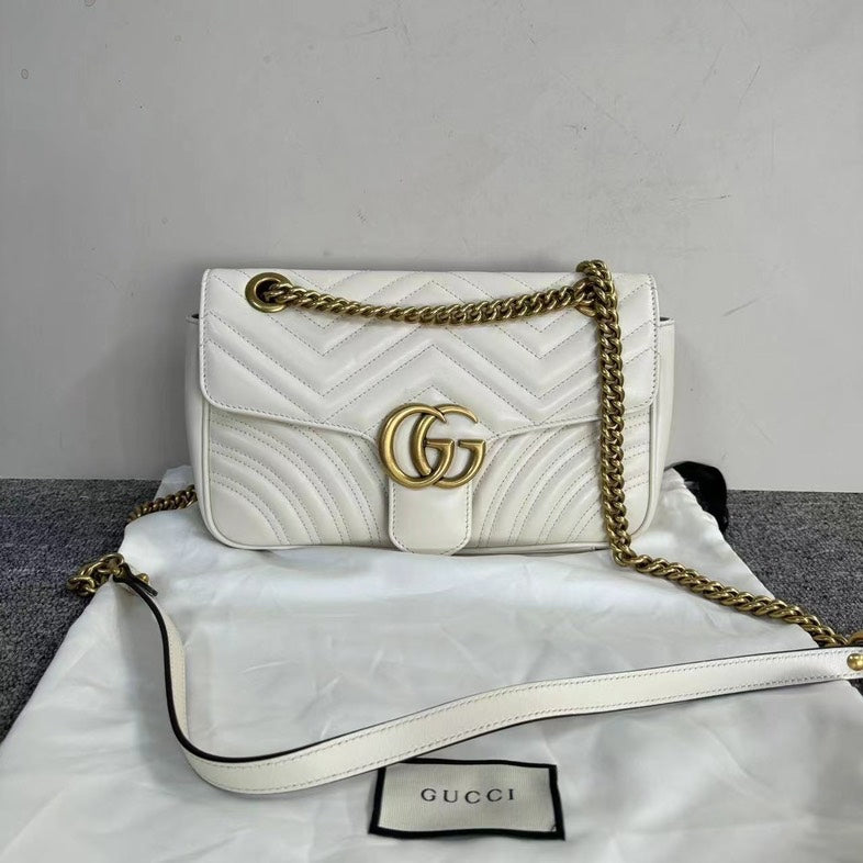 Gucci Marmont White Leather Quilted Chain Shoulder Bag Medium with Dustbag