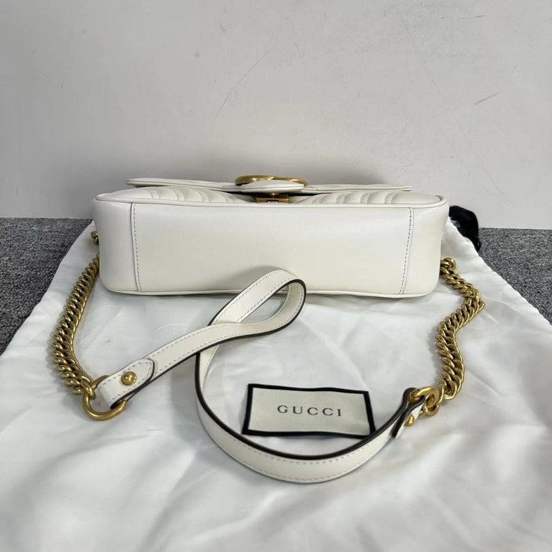 Gucci Marmont White Leather Quilted Chain Shoulder Bag Medium with Dustbag