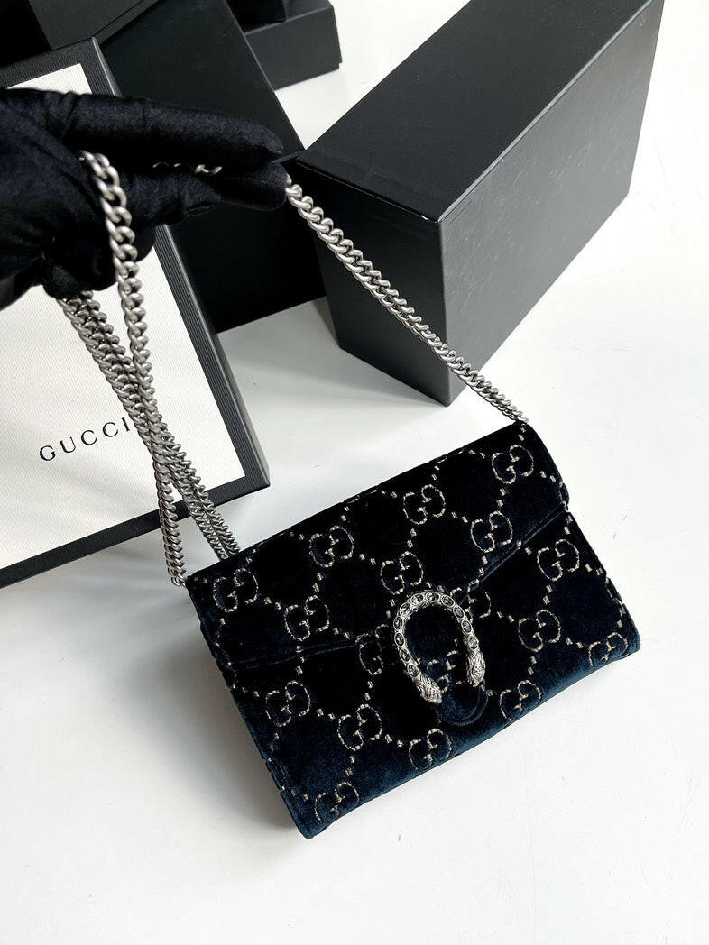 Gucci Dionysus Dark Blue Velvet Wallet on Chain with Box & Dust Bag.