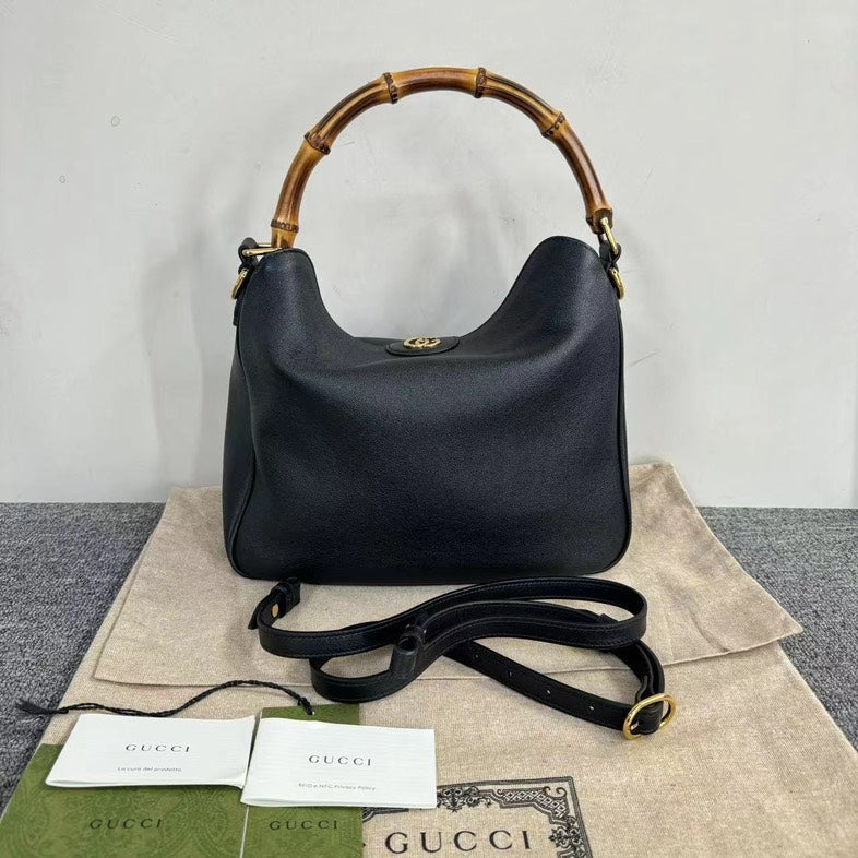 Gucci Bamboo Black Leather Handbag Medium with Dustbag