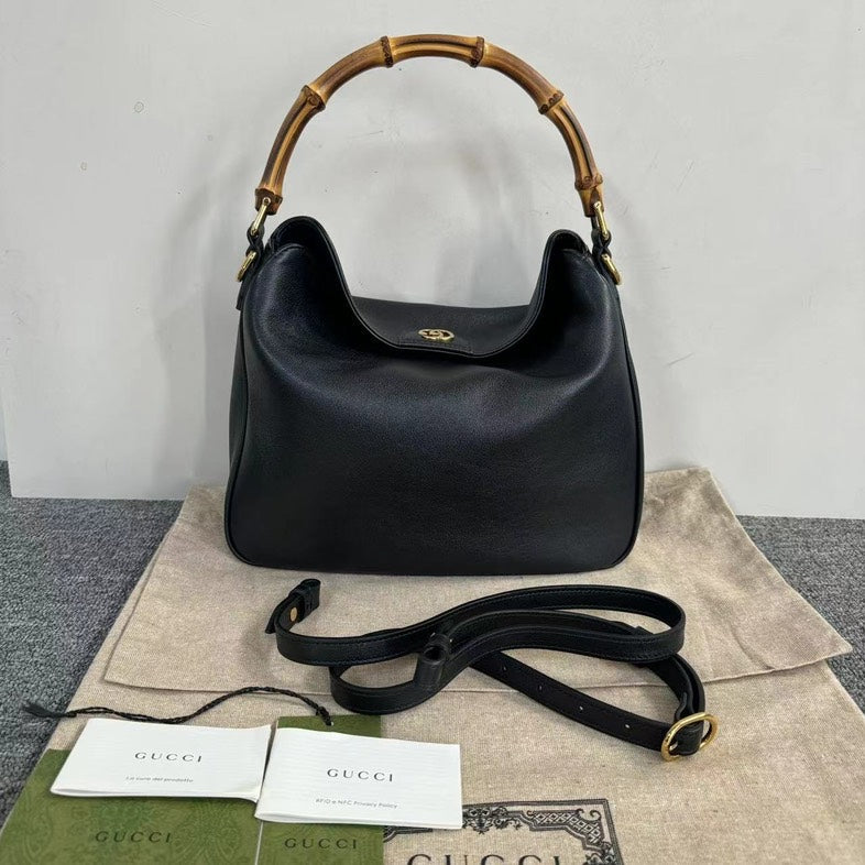 Gucci Bamboo Black Leather Handbag Medium with Dustbag