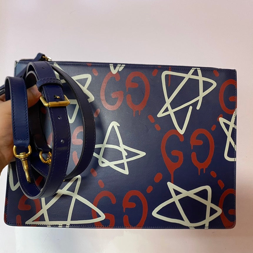 Gucci GG Graffiti Navy Blue Leather Crossbody Bag Medium