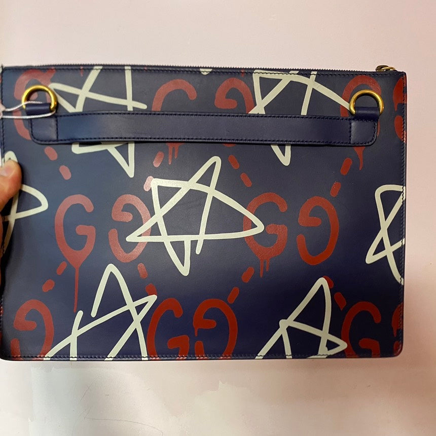 Gucci GG Graffiti Navy Blue Leather Crossbody Bag Medium