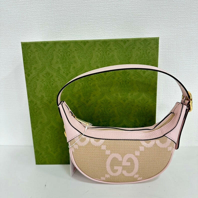 Gucci GG Canvas Leather Hobo Bag in Beige and Pink - Medium Size