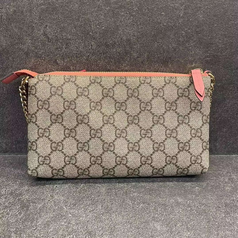 Gucci Ophidia GG Canvas Gray Pochette with Red Bow Embellishment