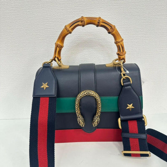 Gucci Dionysus Bamboo 2way Leather Bag - Black/Green/Red, Medium Handbag with Gold Hardware.