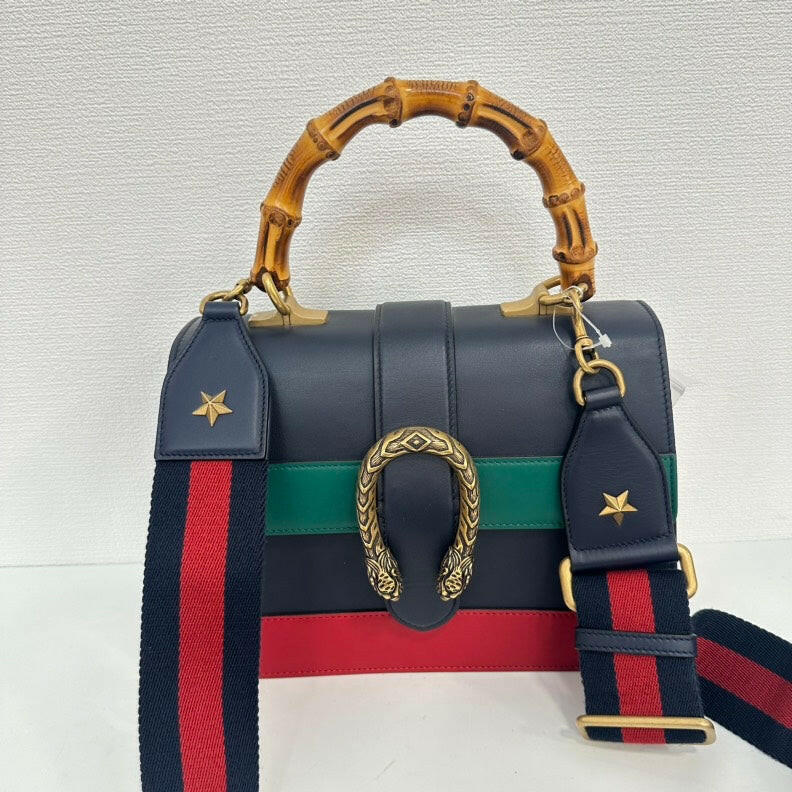 Gucci Dionysus Bamboo 2way Leather Bag - Black/Green/Red, Medium Handbag with Gold Hardware