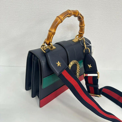 Gucci Dionysus Bamboo 2way Leather Bag - Black/Green/Red, Medium Handbag with Gold Hardware