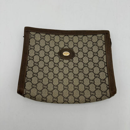 Gucci Beige Brown Canvas Leather Clutch Wristlet Medium Size