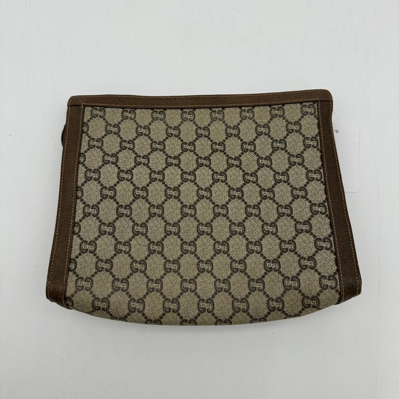 Gucci Beige Brown Canvas Leather Clutch Wristlet Medium Size