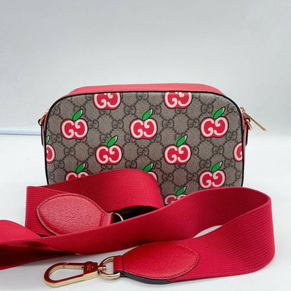 Gucci GG Apple Print Supreme Mini Bag Beige/Ebony with Red Strap.