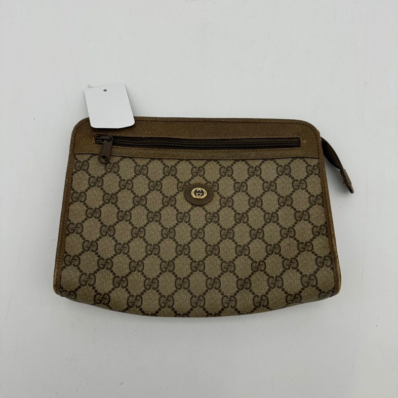 Gucci Canvas Leather Clutch Wristlet Beige Brown Medium