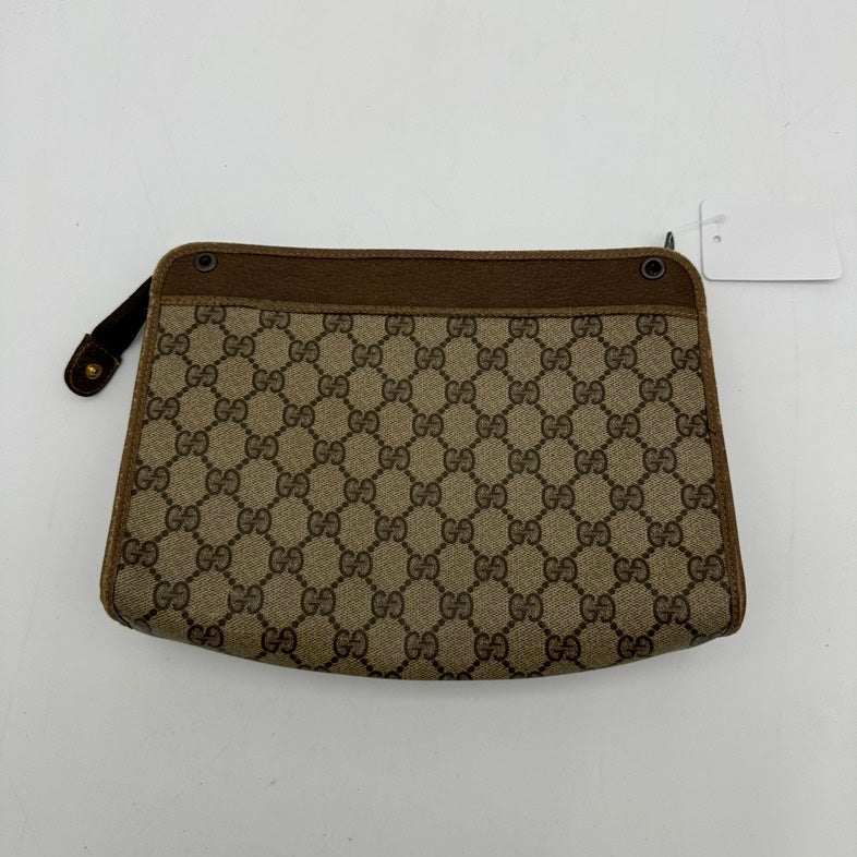 Gucci Canvas Leather Clutch Wristlet Beige Brown Medium