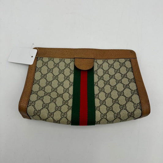 Gucci Canvas Leather Monogram Beige Green Red Stripe Clutch Wristlet Medium