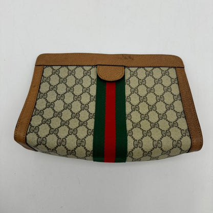 Gucci Canvas Leather Monogram Beige Green Red Stripe Clutch Wristlet Medium