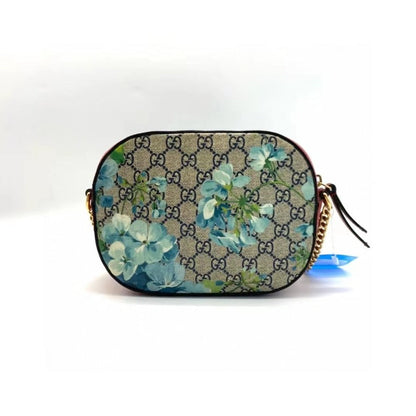 Gucci Floral Canvas GG Supreme Camera Bag Beige Blue Chain Strap