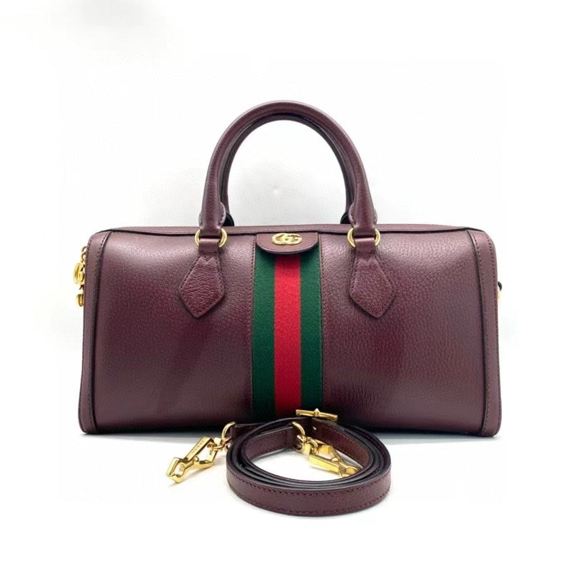 Gucci Boston Two-Way Bag Burgundy Green Red Stripe Medium