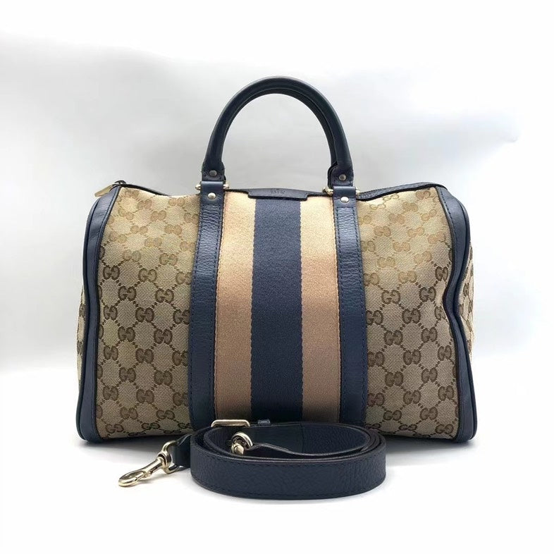 Gucci Boston Beige Blue Canvas Leather Two-Way Bag Medium Size