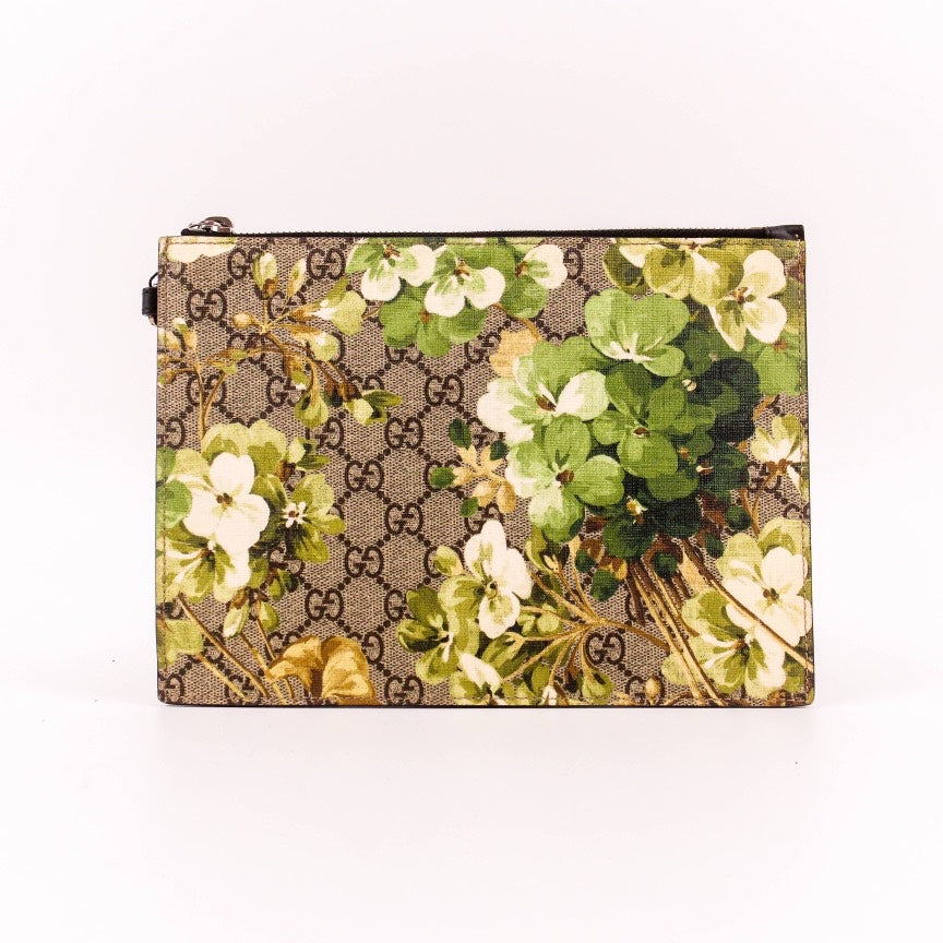 Gucci Beige Floral Print GG Supreme Canvas Clutch Small