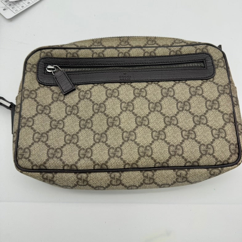 Gucci Beige GG Canvas Leather Trim Large Pouch Bag