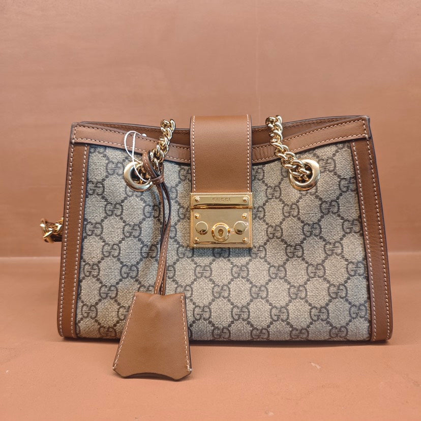 Gucci Padlock Chain Tote GG Coated Canvas Brown Medium