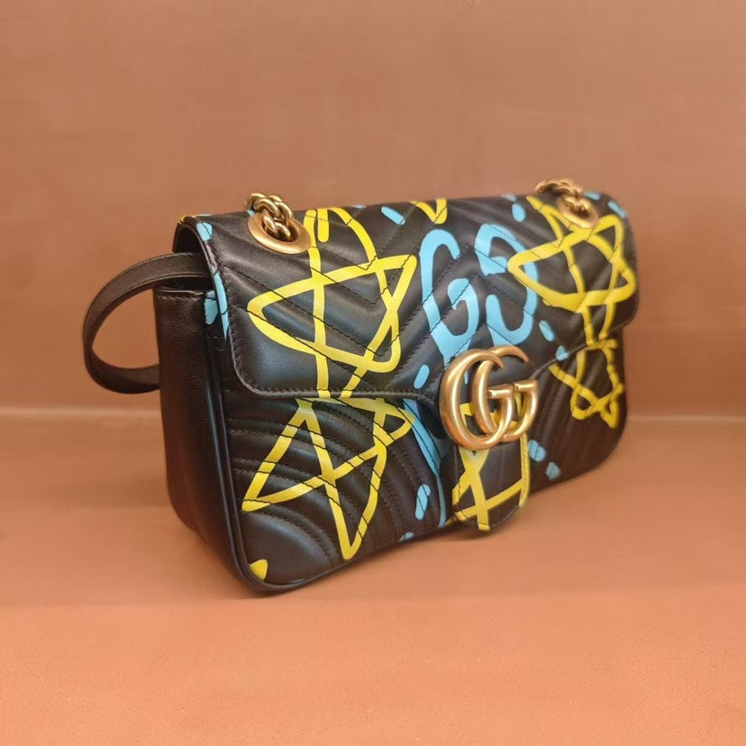 Gucci GG Marmont Matelasse Graffiti Print Leather Flap Bag Black Small